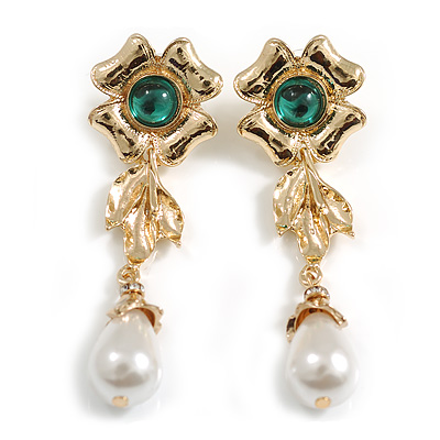 Gold Plated Flower with Pearl Dangle Long Earrings - 70mm L - main view