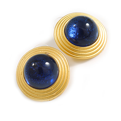 Round Blue Glass Button Stud Earrings in Gold Tone - 25mm D - main view