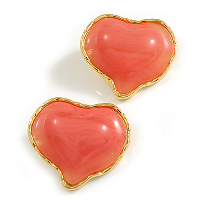 Solid/Large Assymetric Pink Acrylic Heart Stud Earrings in Gold Tone - 45mm Across - main view