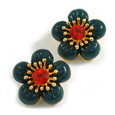 Large Dimentional Dark Green Acrylic with Red Crystal Daisy Flower Stud Earrings in Gold Tone - 35mm D - main view