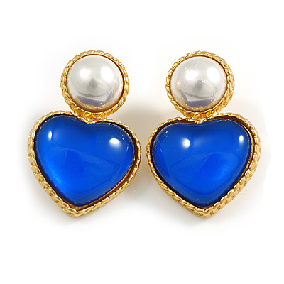 Large Blue Heart with White Faux Pearl Bead Drop Earrings in Gold Tone - 40mm Long