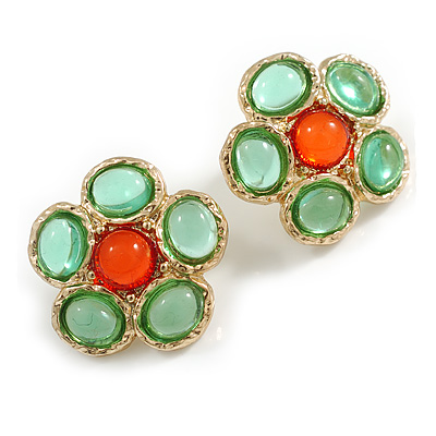 Green/Carrot Red Glass Flower Stud Earrings in Gold Tone - 25mm D