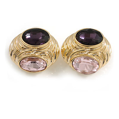 Pink/Purple Glass Stone Oval Dimentional Stud Earrings in Gold Tone - 28mm Across - main view
