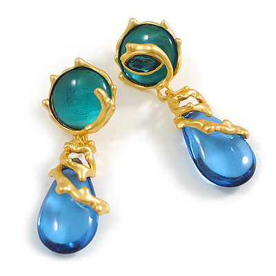 Teal/Blue Glass/Acrylic Asymmetric Contemporary Drop Earrings in Gold Tone - 70mm Long - main view