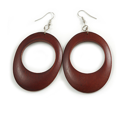 Wooden Open Cut Oval Hoop Earrings in Brown - 80mm Long (Possible Natural Irregularities) - main view