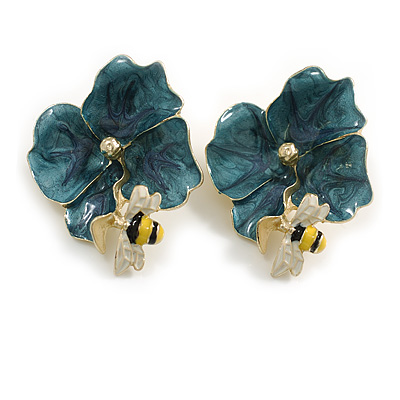 Large Enamel Flower with Bee Motif Stud Earrings in Gold Tone in Teal/Yelow/White - 40mm Tall - main view