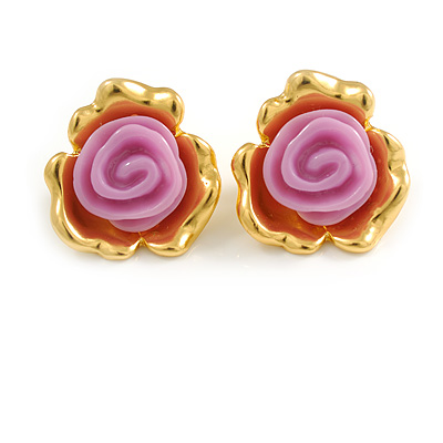 Lilac Pink Acrylic Rose Floral Stud Earrings in Gold Tone - 22mm Tall - main view