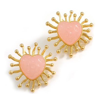 Large Pink Acrylic Heart Earrings in Bright Gold Tone - 40mm Tall - main view