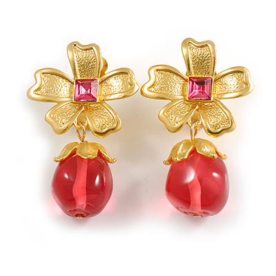 Bright Gold Tone Flower with Pink Glass Dangle Bead Clip On Eearrings - 50mm L - main view