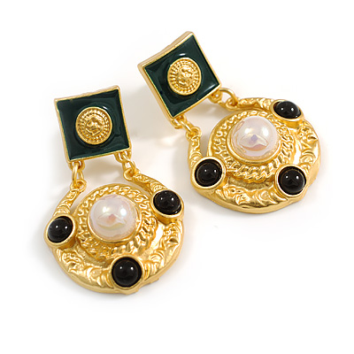 Green/Black/White Bead Ancient Greek Style Drop Earrings in Gold Tone - 40mm Long - main view