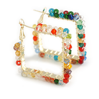 35mm Tall/ Multicoloured Crystal Beaded Square Hoop Earrings in Gold Tone - main view