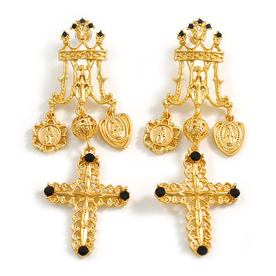 Victorian Style Filigree Cross Dangle Earrings in Light Gold Tone - 75mm L - main view