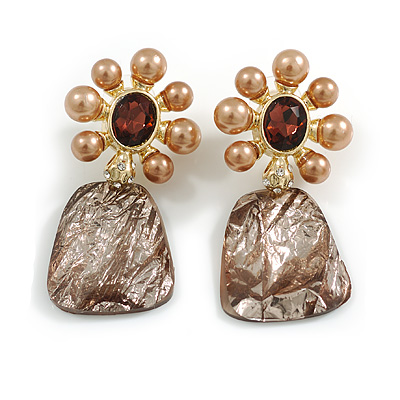 Brown Faux Pearl/Plum Crystal with Acrylic Bead Drop Earrings in Gold Tone - 53mm Long - main view