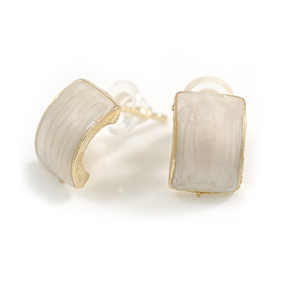 Small Milky White Enamel C-Shape Stud Earrings in Gold Tone - 12mm Tall
