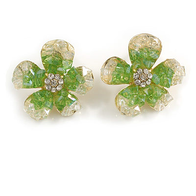 Clear/Green Acrylic Flower Stud Earrings in Gold Tone - 23mm Across - main view