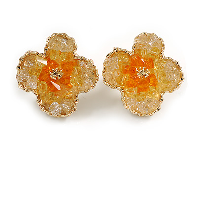 Four Petal Acrylic Flower Stud Earrings in Gold Tone in Yellow/Orange Colours - 20mm Across - main view