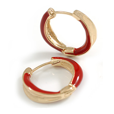 20mm Small Red Enamel Gold Tone Huggie Hoop Earrings - main view