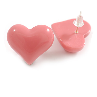 Pink Shiny Acrylic Heart Stud Earrings - 20mm Wide - main view