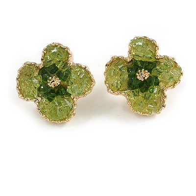 Four Petal Acrylic Flower Stud Earrings in Gold Tone in Olive Green - 20mm Across - main view