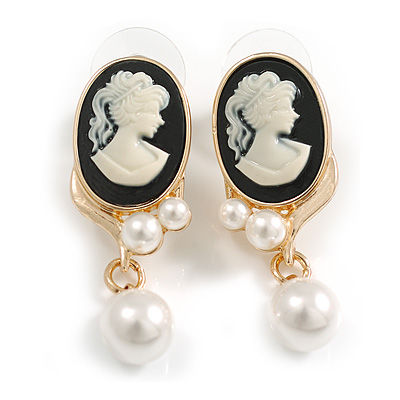 Black/White Acrylic Cameo Stud Earrings in Gold Tone - 40mm L - main view