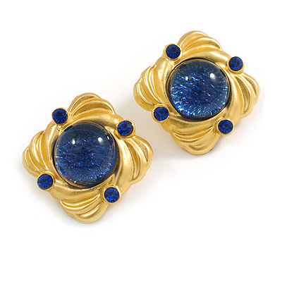 Square Blue Glass Bright Gold Tone Stud Earrings - 30mm Across