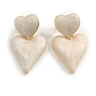 Milky White Enamel Double Heart Dangle Earrings in Gold Tone - 35mm Long - main view