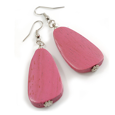 Pink Teardrop Wooden Earrings - 65mm L - main view