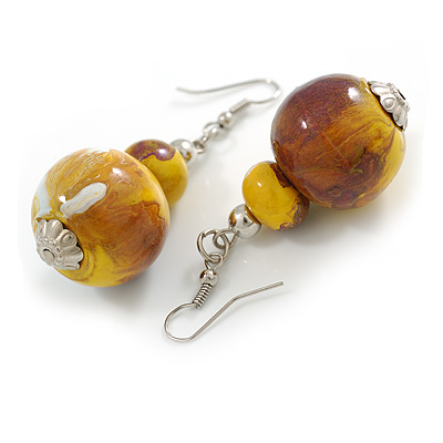 Yellow/Brown/White Double Bead Wood Drop Earrings - 60mm L - main view