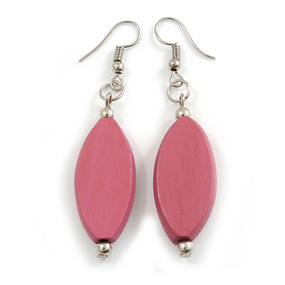 Pink Leaf Shape Wood Drop Earrings - 60mm L - main view