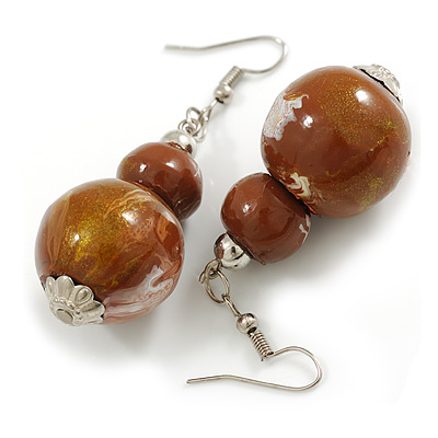 Brown/White/Gold Double Bead Wood Drop Earrings - 60mm L - main view
