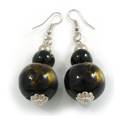 Black/White/Gold Double Bead Wood Drop Earrings - 60mm L - main view