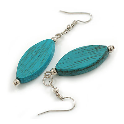 Turquoise Leaf Shape Wood Drop Earrings - 60mm L