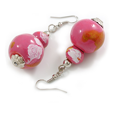 Pink/Gold/White Double Bead Wood Drop Earrings - 60mm L - main view