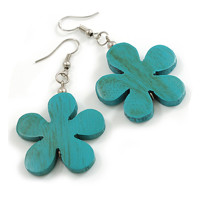 Turquoise Wood Flower Drop Earrings - 60mm L - main view