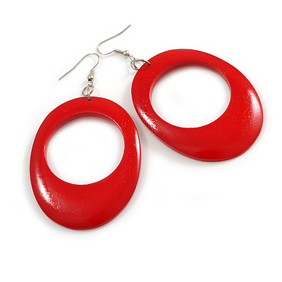 Red Oval Wooden Hoop Earrings - 80mm Long (Possible Natural Irregularities) - main view