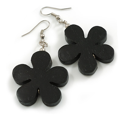 Black Wood Flower Drop Earrings - 60mm L - main view