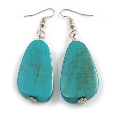 Turquoise Coloured Teardrop Wooden Earrings - 65mm L - main view