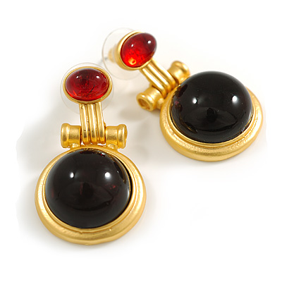 Black/Red Glass Double Bead Drop Earrings in Bright Gold Tone - 35mm L - main view