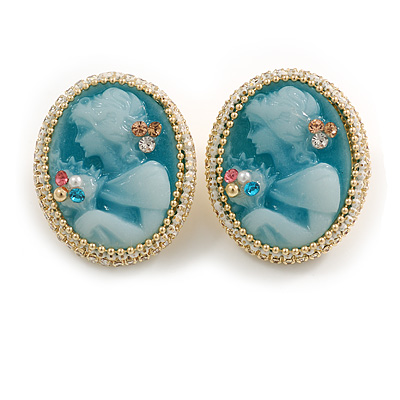 Oval Teal Blue Acrylic Crystal Cameo Stud Earrings in Gold Tone - 25mm Tall - main view