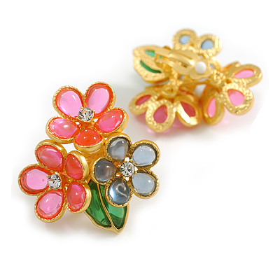 Oversized Triple Flower Clip On Earrings in Gold Tone /45mm Tall/Weight is 22g each - main view