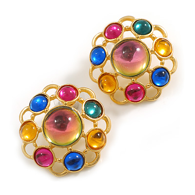 Multicoloured Glass Bead Round Stud Earrings in Gold Tone - 30mm D