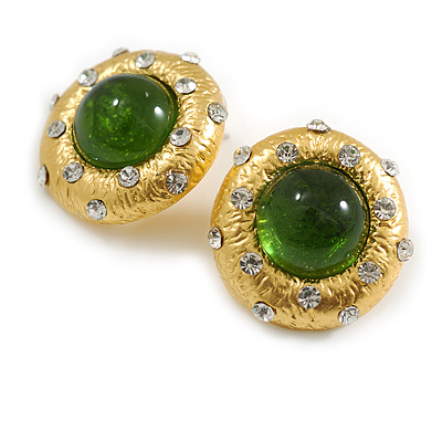 30mm D Round Button Gold Tone with Green Glass Stone Stud Earrings/ Retro Style - main view