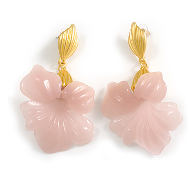 Light Pink Acrylic Calla Lily Flower Drop Earrings in Bright Gold Tone - 75mm Long - main view