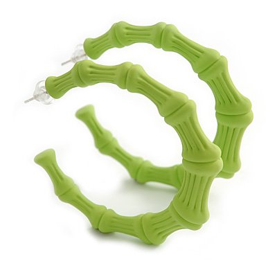 Large Lime Green Acrylic Bamboo Hoop Earrings - 55mm D