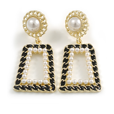White Pearl Black Enamel Square Drop Earrings in Gold Tone - 45mm Long - main view