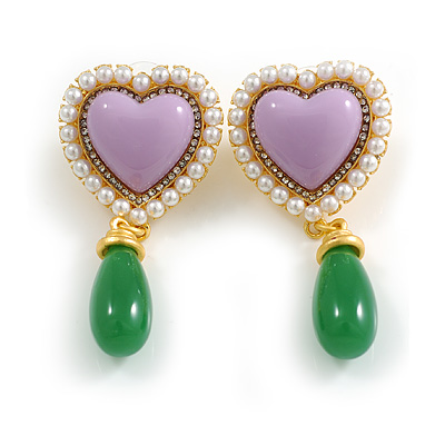 Statement Acrylic Heart Drop Earrings in Gold Tone in Lavender/Green/White - 50mm Long - main view