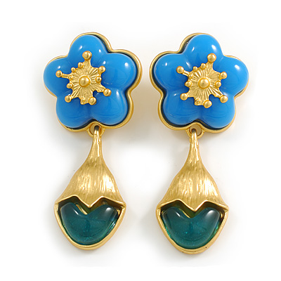 Blue Acrylic Flower with Teal Glass Dangle Earrings in Bright Gold Tone - 65mm Long/ 20g Weight One Earrings - main view