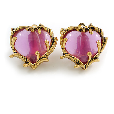 Vintage Inspired Pink Glass Heart Large Clip On Earrings in Aged Gold Tone - 30mm Tall - main view