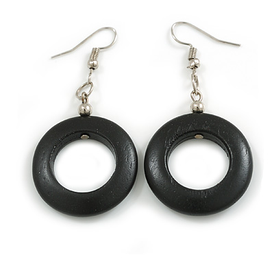 Donut Shape Black Painted Wood Drop Earrings - 55mm Long