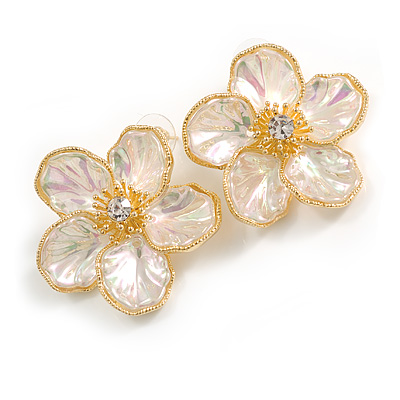 Large Shell Flower Stud Earrings in Gold Tone - 40mm D - main view